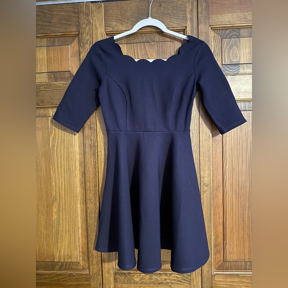 Small Navy Blue Scalloped Neck Skater Dress from Lulu's with 3/4 Length Sleeve - Picture 2 of 4